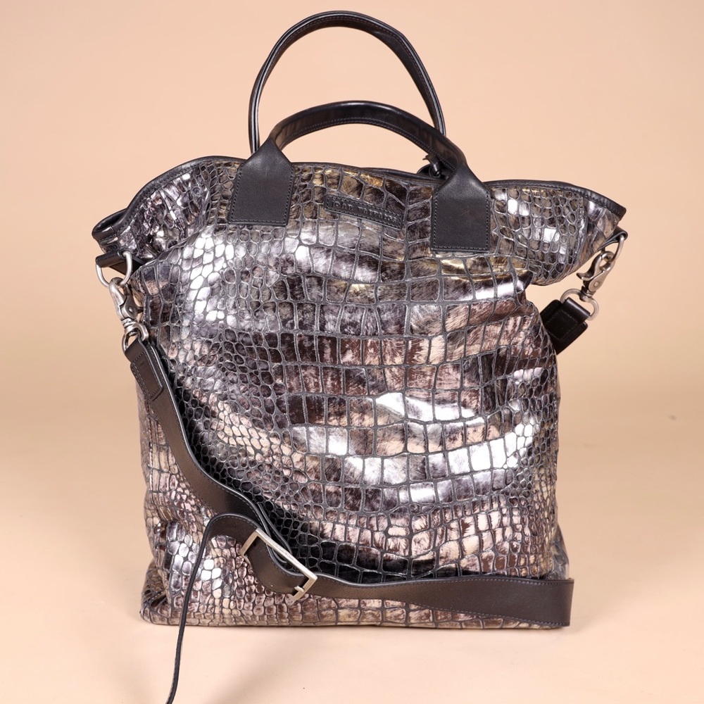 John Varvatos Tote in Silver Crocodile Print.